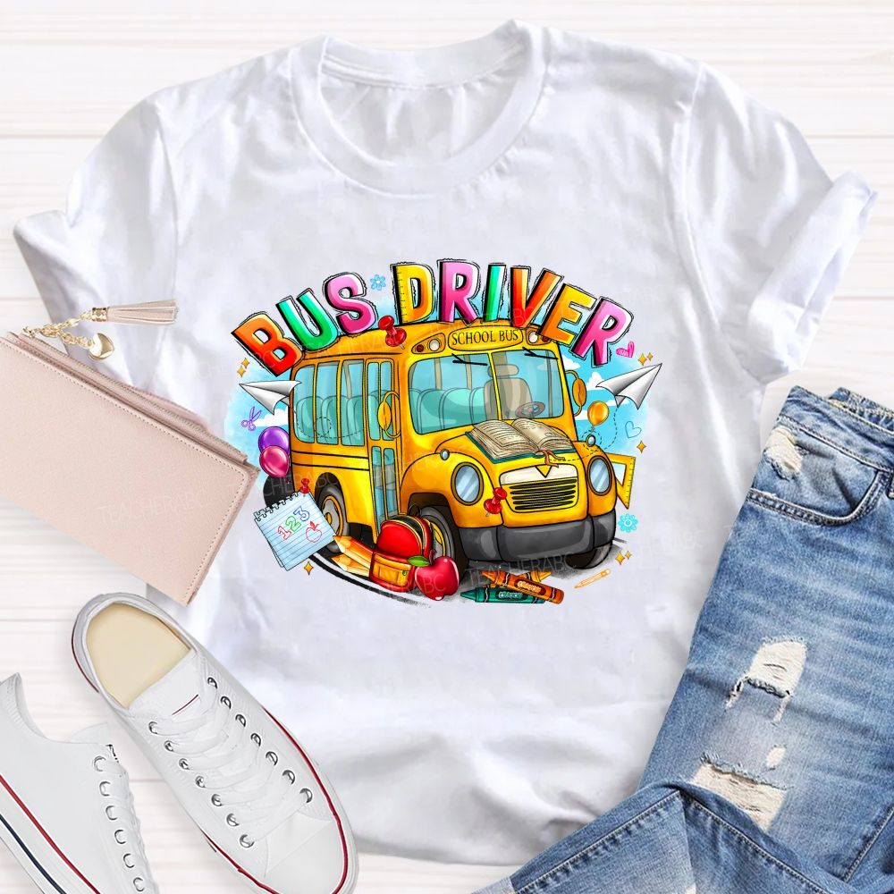 School Bus Driver Colorful  Graphics  Teacher T-shirt