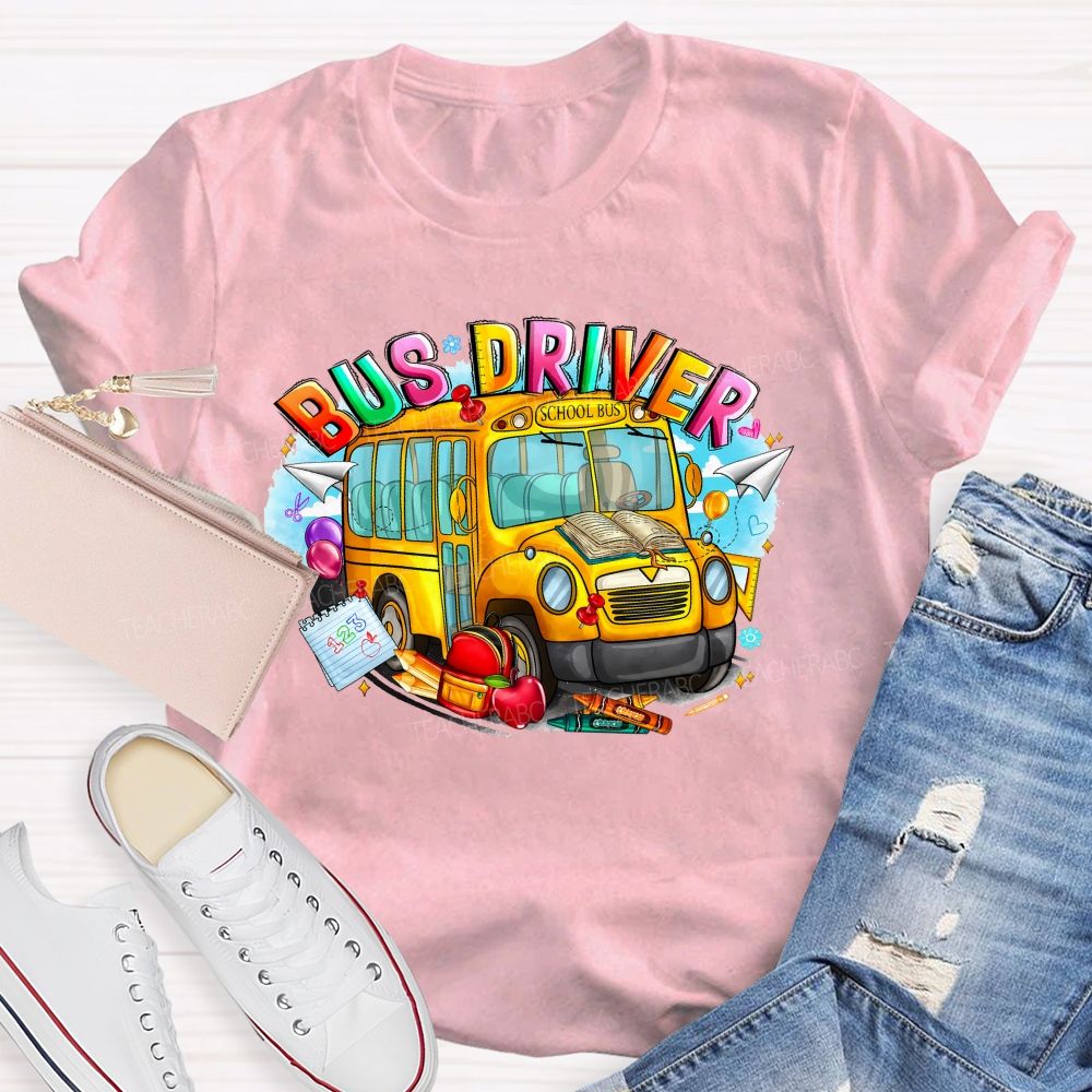 School Bus Driver Colorful  Graphics  Teacher T-shirt