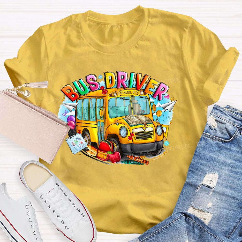 School Bus Driver Colorful  Graphics  Teacher T-shirt