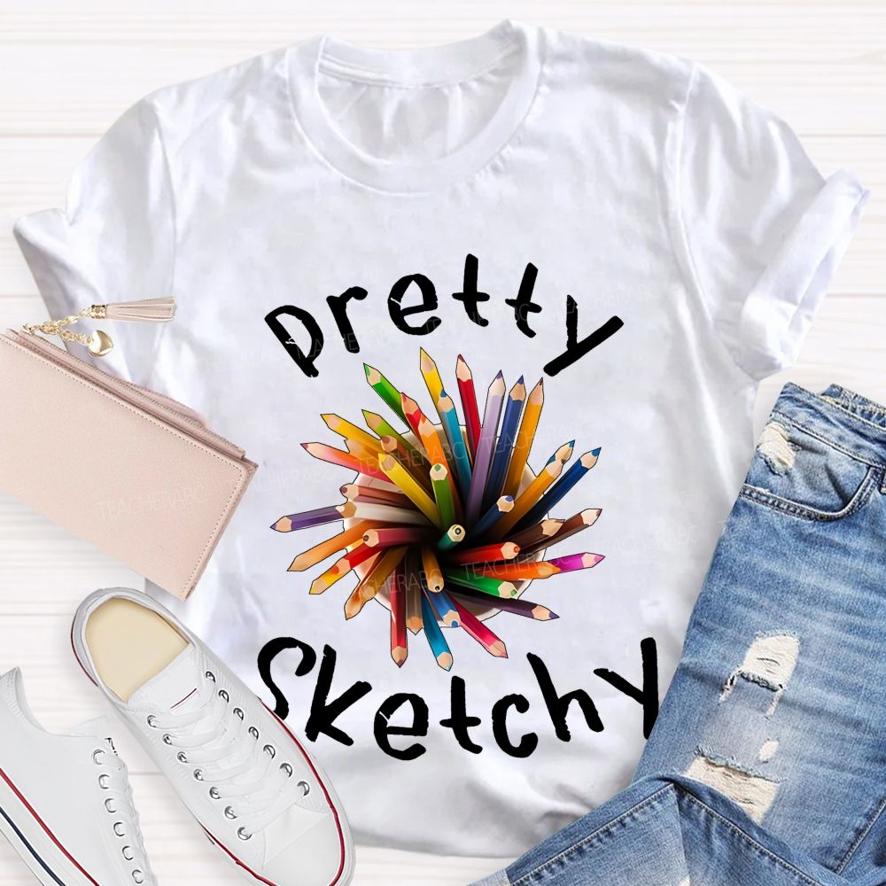 Pretty Sketchy Colorful Pencils Shapes  Teacher T-shirt