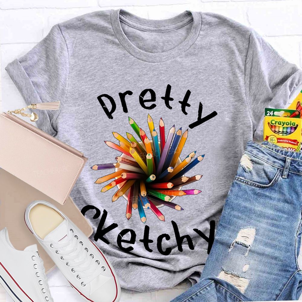 Pretty Sketchy Colorful Pencils Shapes  Teacher T-shirt