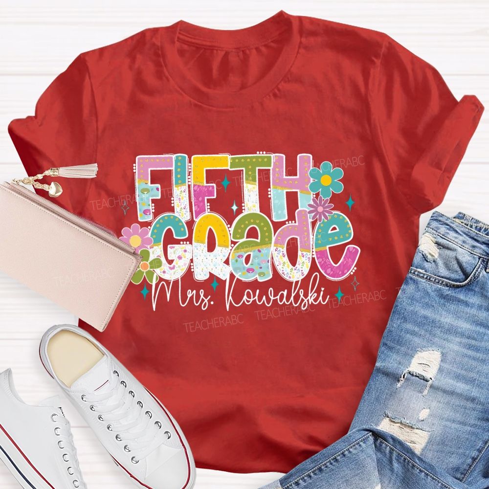 Personalized Grade And Name Colorful Flower Gradient Text Teacher T-Shirt