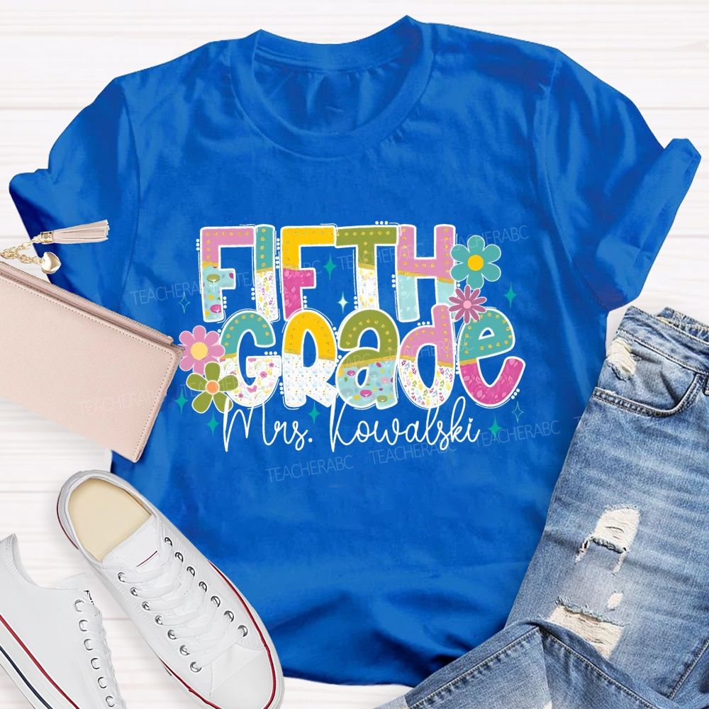 Personalized Grade And Name Colorful Flower Gradient Text Teacher T-Shirt