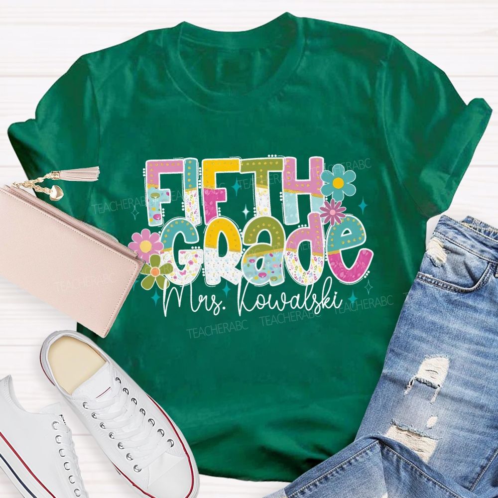 Personalized Grade And Name Colorful Flower Gradient Text Teacher T-Shirt