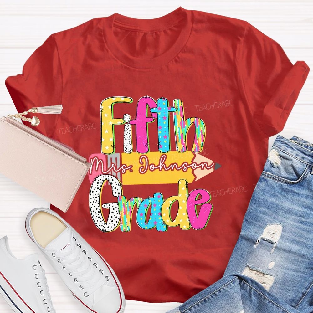 Personalized Grade And Name Pencil Star Polka Dot Design Teacher T-Shirt