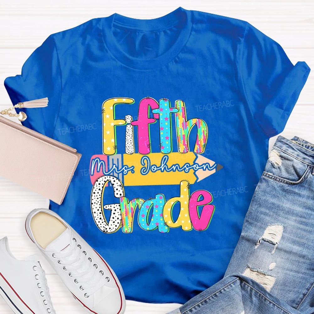 Personalized Grade And Name Pencil Star Polka Dot Design Teacher T-Shirt