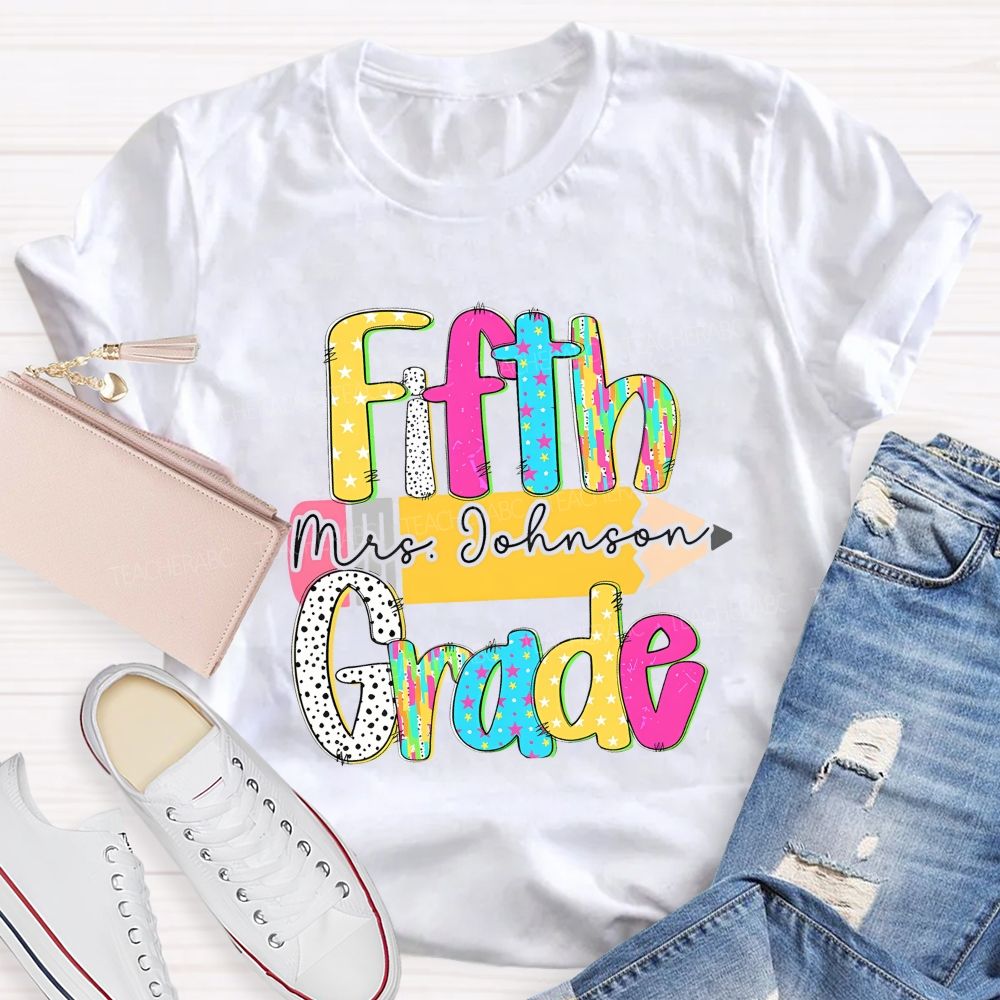 Personalized Grade And Name Pencil Star Polka Dot Design Teacher T-Shirt