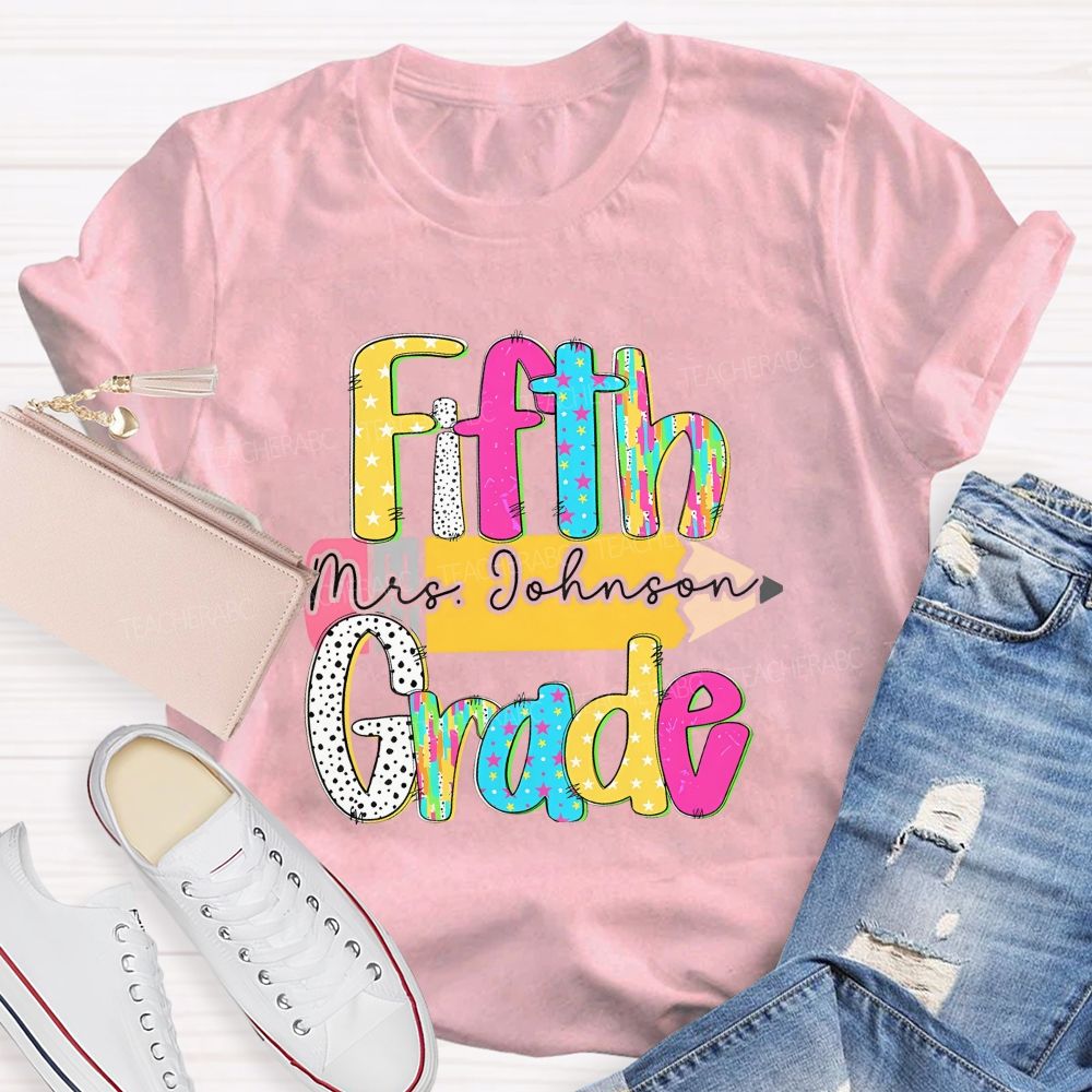 Personalized Grade And Name Pencil Star Polka Dot Design Teacher T-Shirt