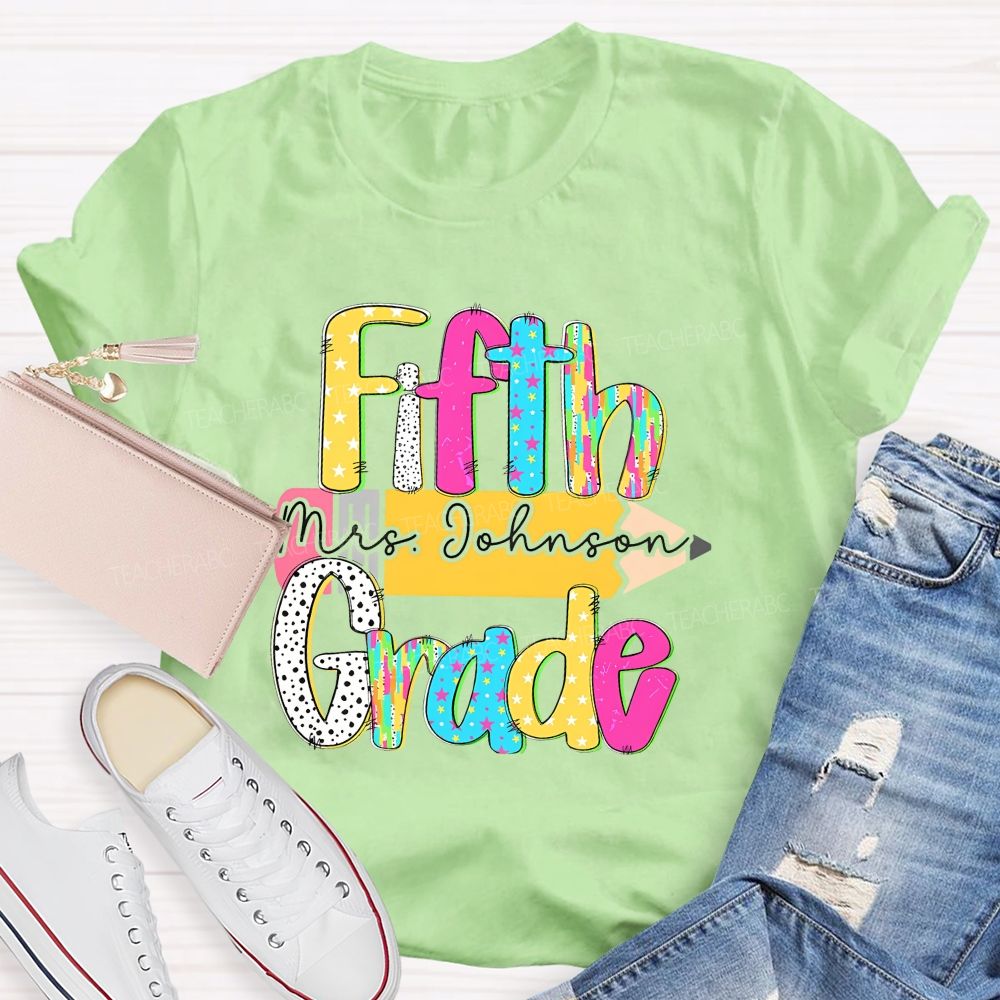 Personalized Grade And Name Pencil Star Polka Dot Design Teacher T-Shirt