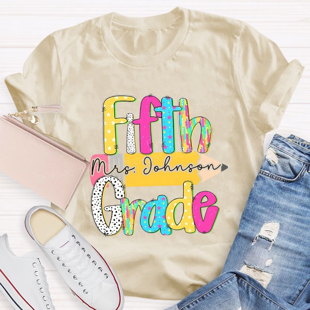 Personalized Grade And Name Pencil Star Polka Dot Design Teacher T-Shirt