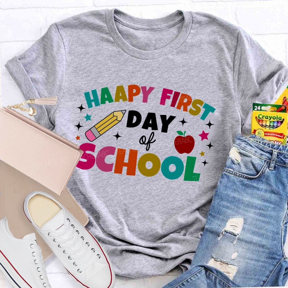 Happy First Day Of School Colorful Letter Pencil Teacher T-shirt