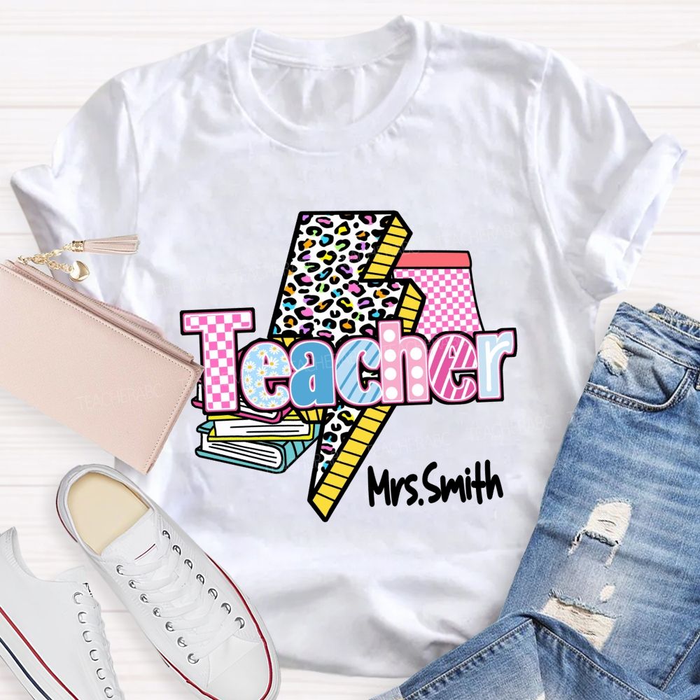 Personalized Name Colorful Leopard Print & Pink Plaid Teacher T-shirt
