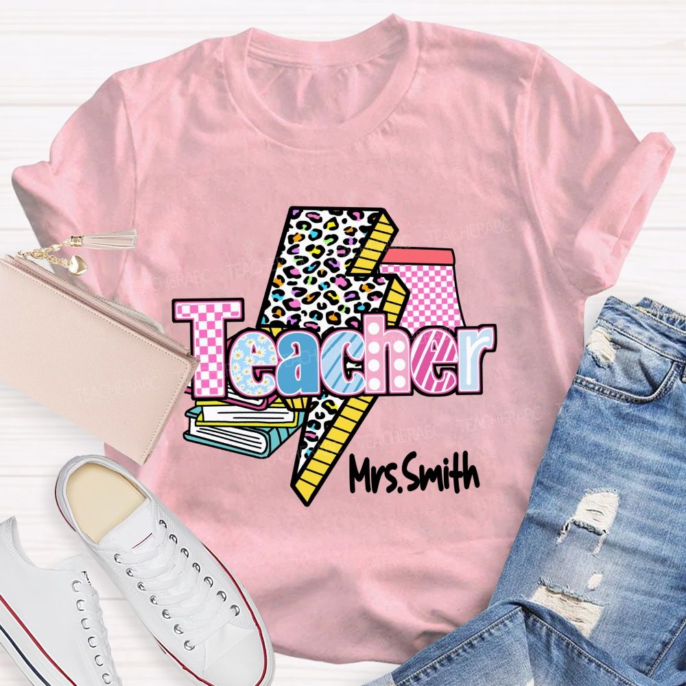 Personalized Name Colorful Leopard Print & Pink Plaid Teacher T-shirt