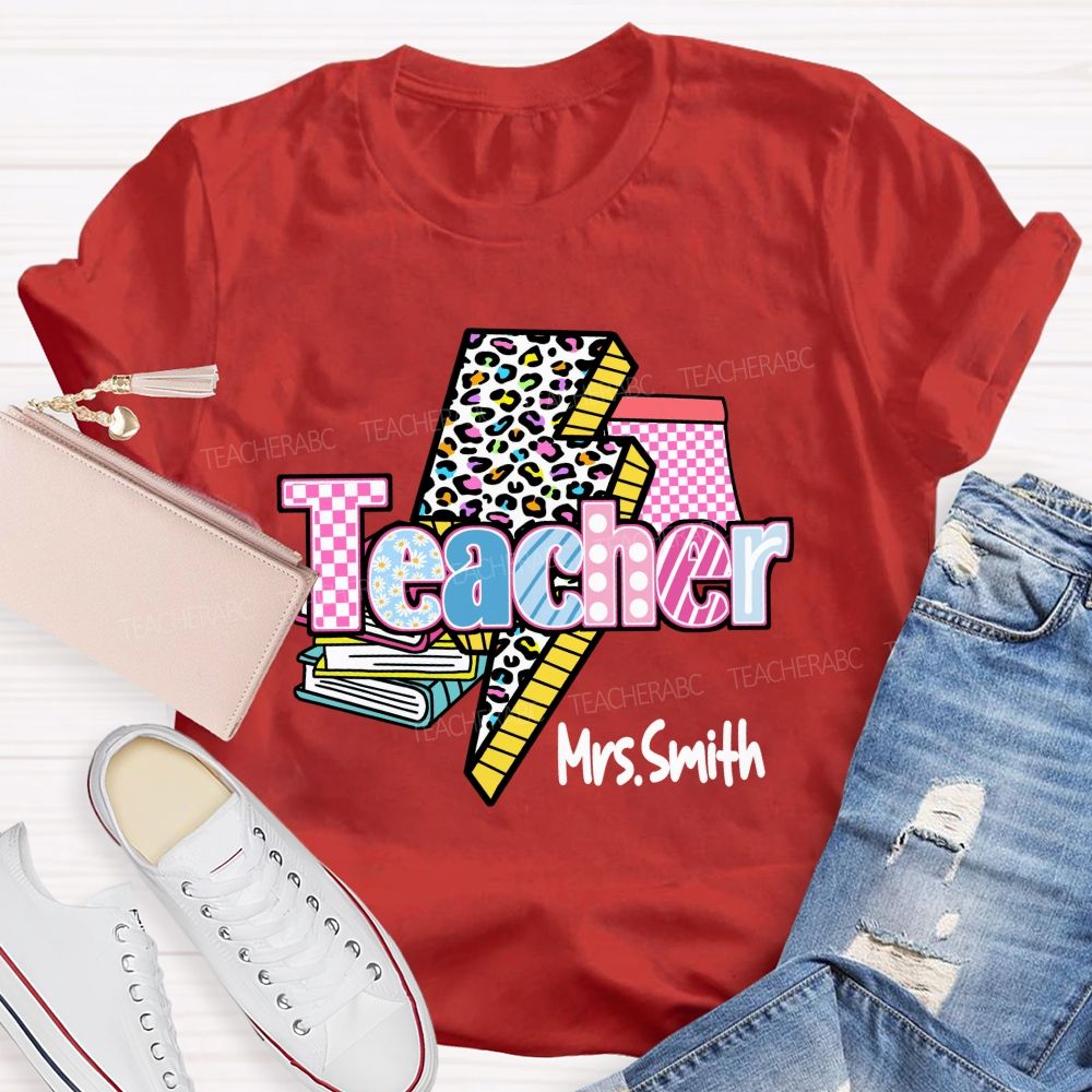 Personalized Name Colorful Leopard Print & Pink Plaid Teacher T-shirt