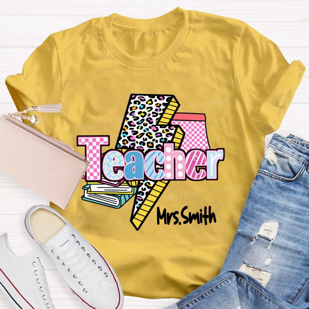Personalized Name Colorful Leopard Print & Pink Plaid Teacher T-shirt