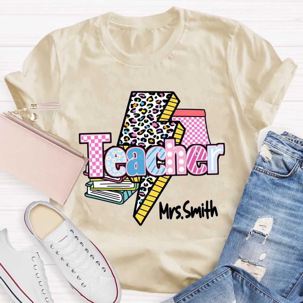 Personalized Name Colorful Leopard Print & Pink Plaid Teacher T-shirt