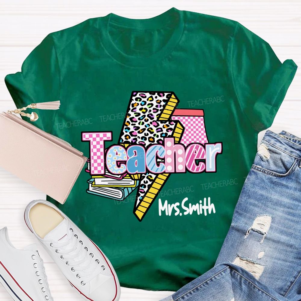 Personalized Name Colorful Leopard Print & Pink Plaid Teacher T-shirt