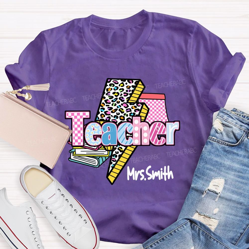 Personalized Name Colorful Leopard Print & Pink Plaid Teacher T-shirt
