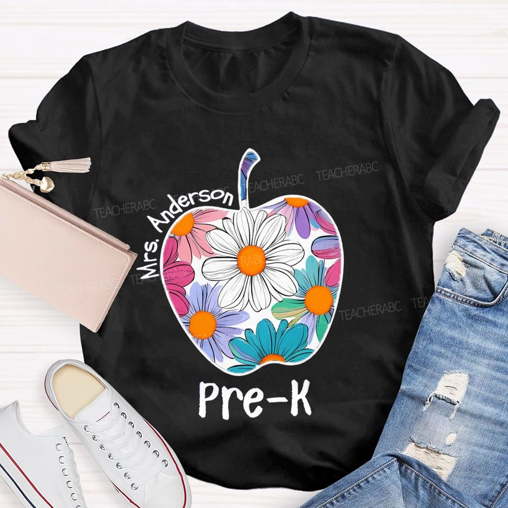 Personalized Grade And Name Floral Daisy Apple Teacher T-shirt