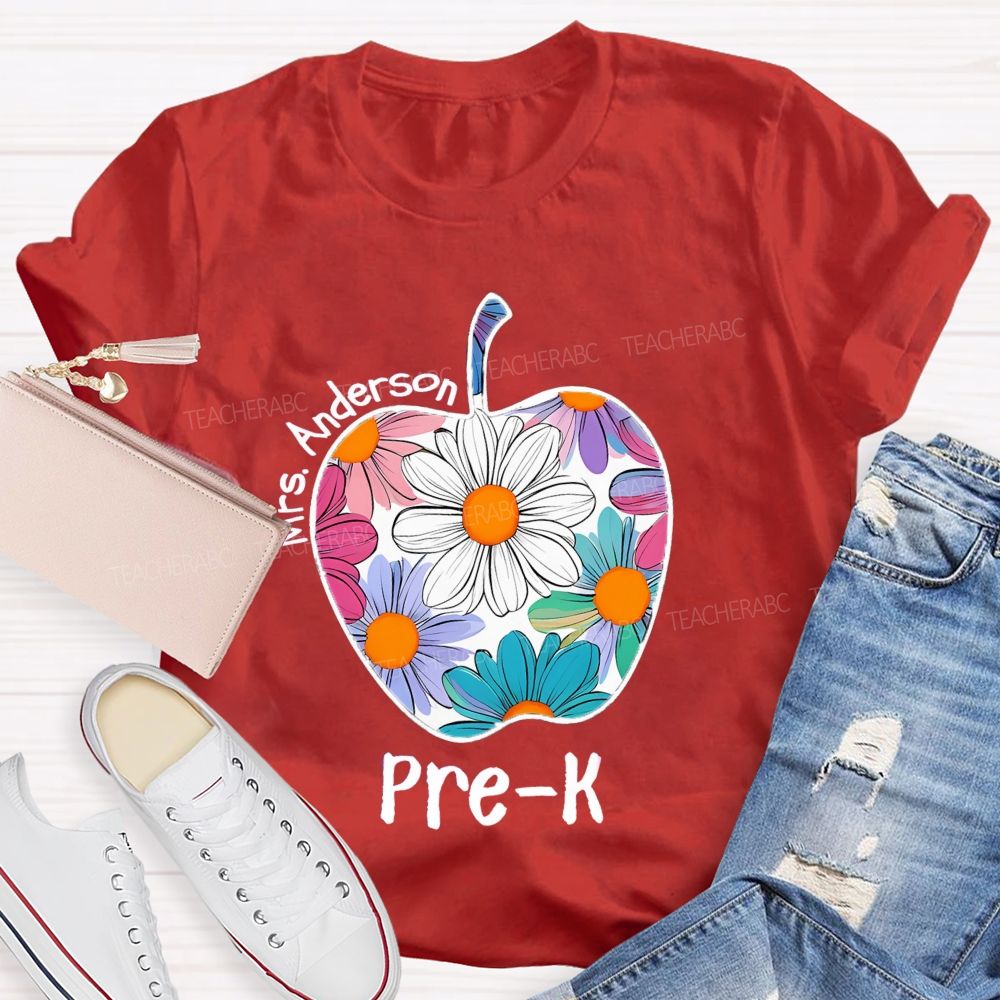 Personalized Grade And Name Floral Daisy Apple Teacher T-shirt