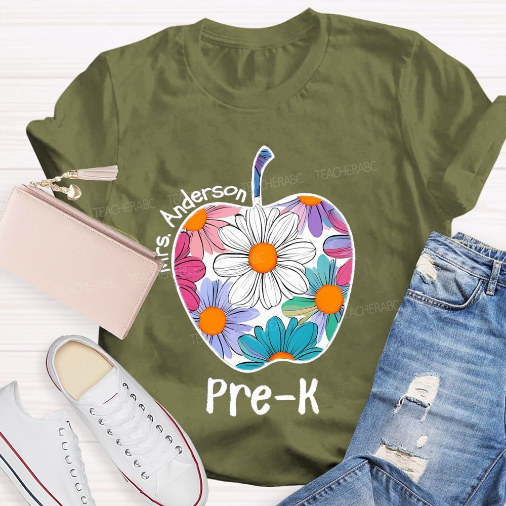 Personalized Grade And Name Floral Daisy Apple Teacher T-shirt