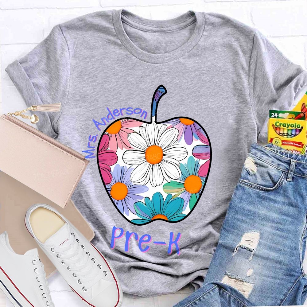 Personalized Grade And Name Floral Daisy Apple Teacher T-shirt