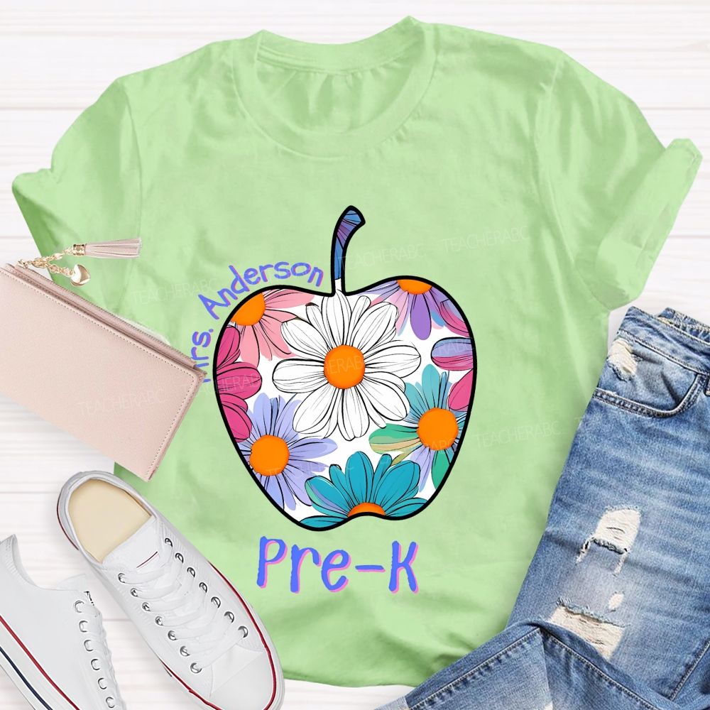 Personalized Grade And Name Floral Daisy Apple Teacher T-shirt