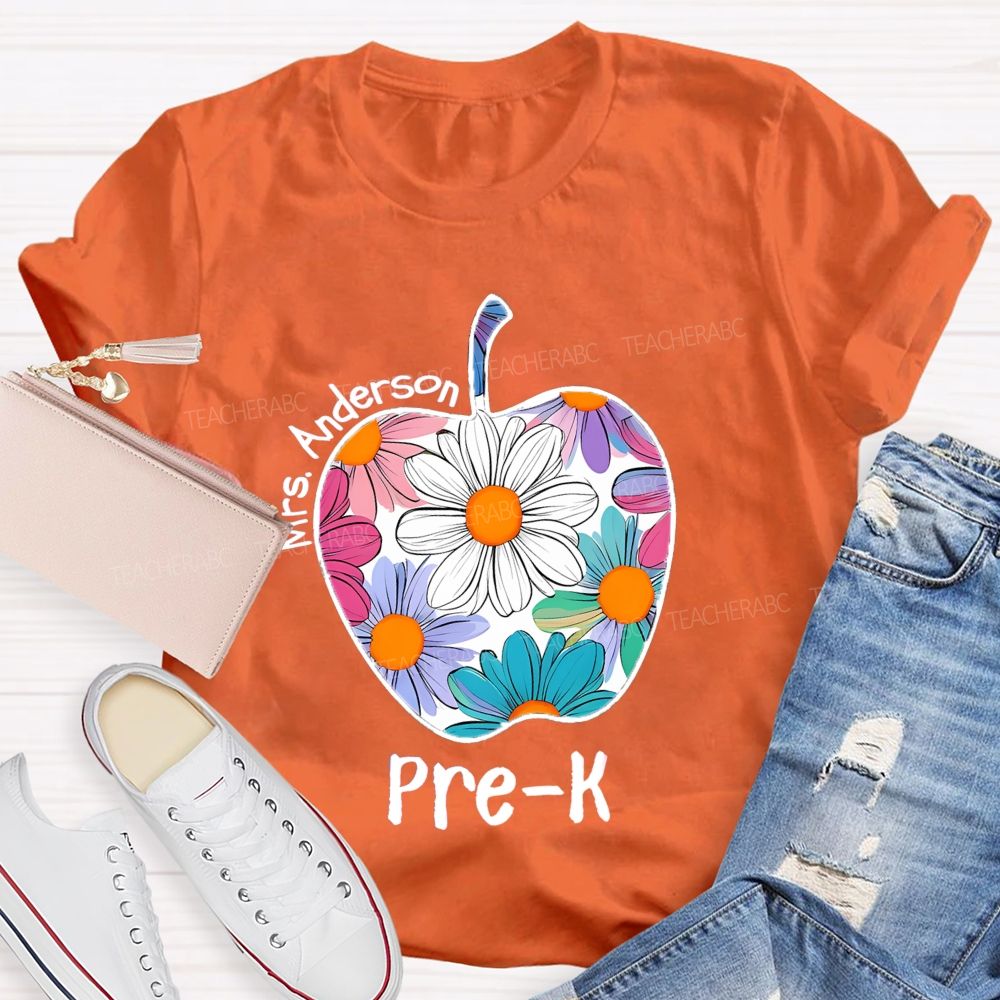 Personalized Grade And Name Floral Daisy Apple Teacher T-shirt