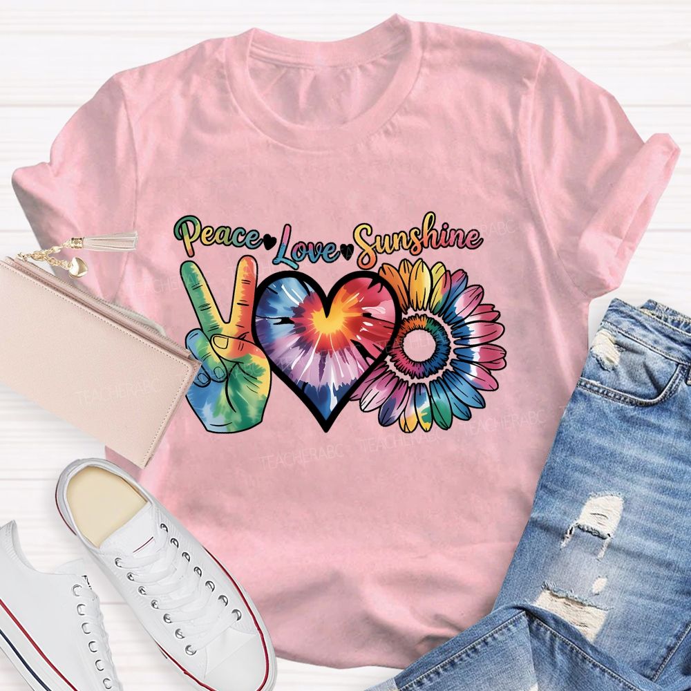Peace Love Sunshine Tie-Dye Hearts And Sunflowers Teacher T-shirt