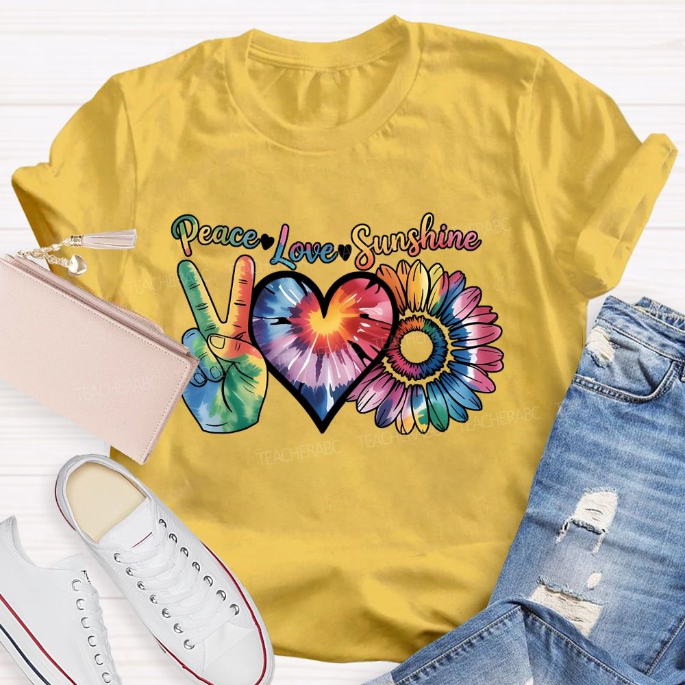 Peace Love Sunshine Tie-Dye Hearts And Sunflowers Teacher T-shirt