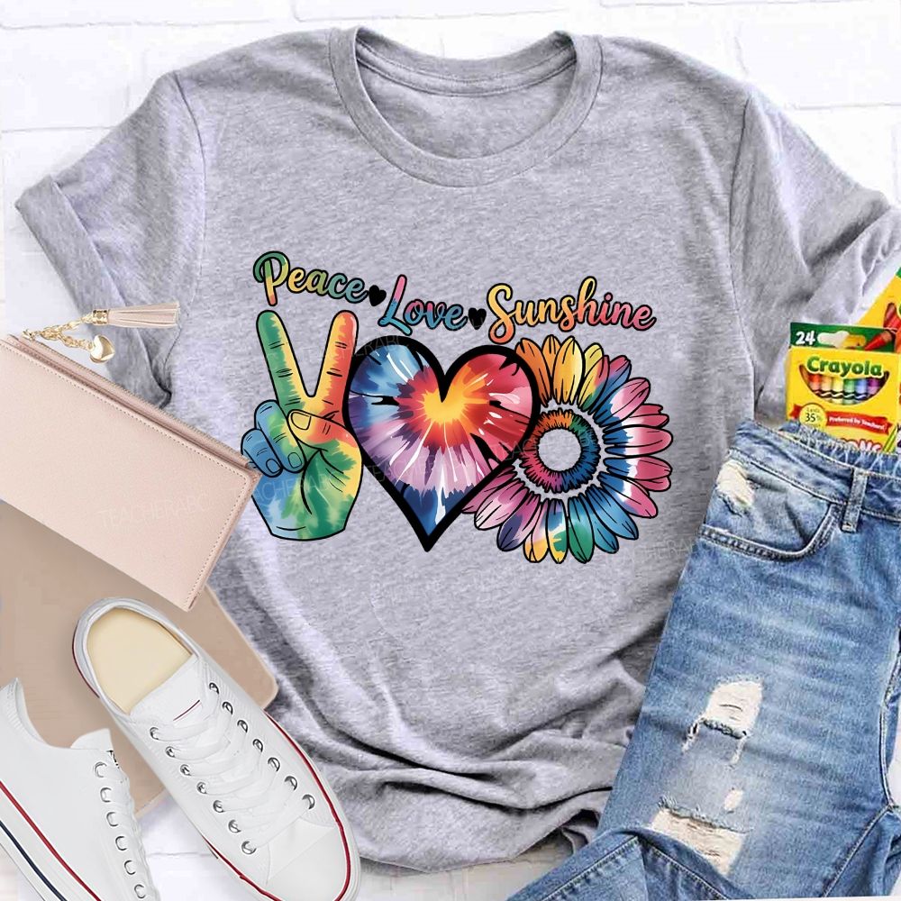Peace Love Sunshine Tie-Dye Hearts And Sunflowers Teacher T-shirt
