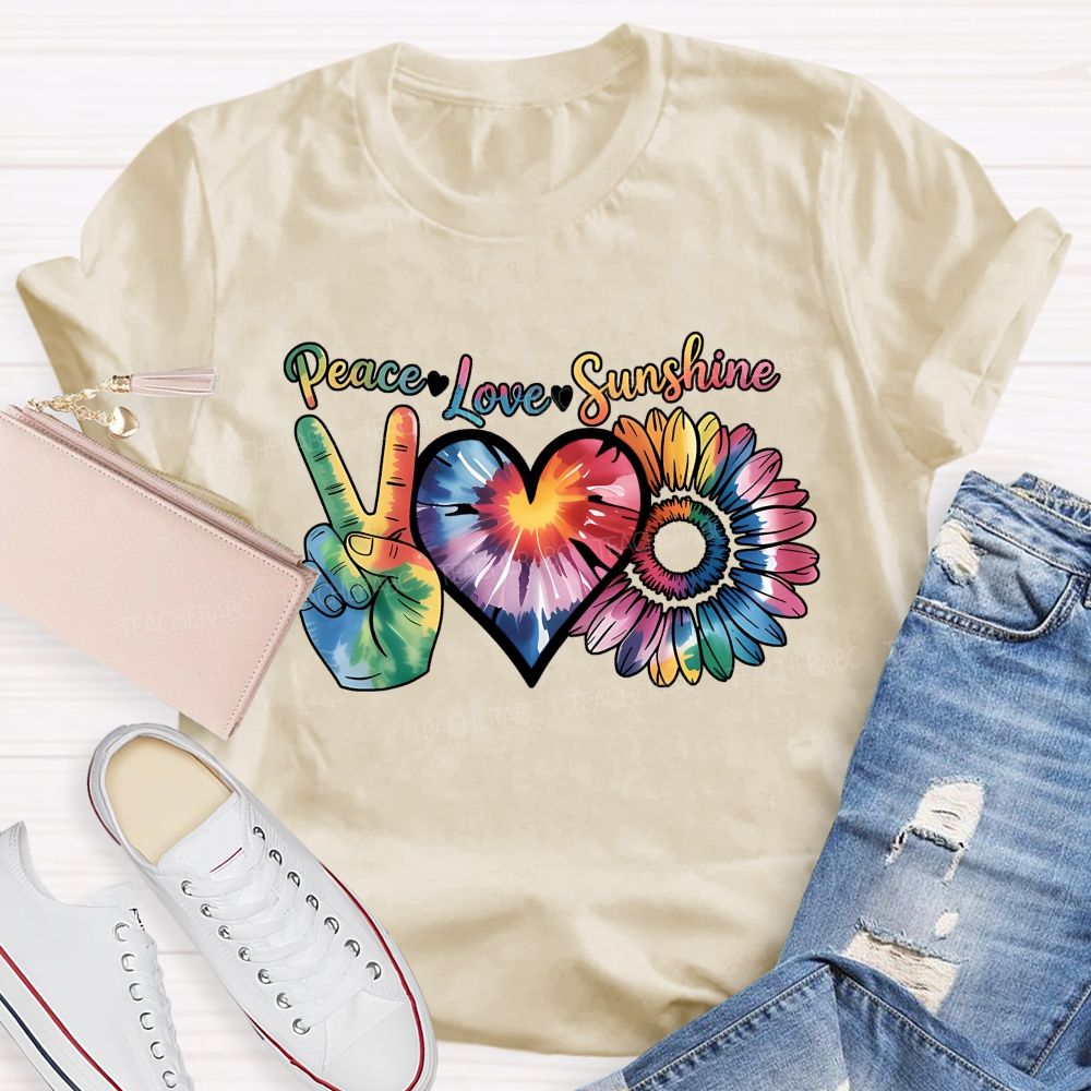 Peace Love Sunshine Tie-Dye Hearts And Sunflowers Teacher T-shirt