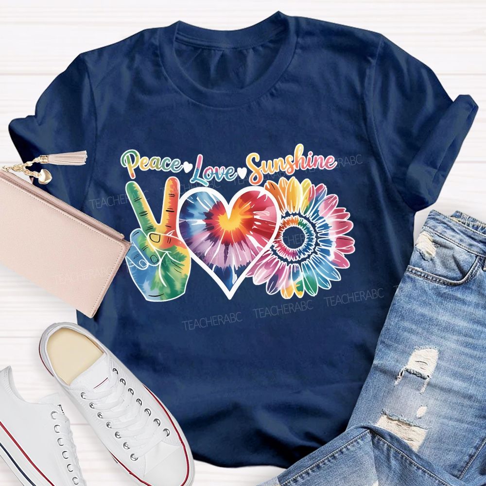 Peace Love Sunshine Tie-Dye Hearts And Sunflowers Teacher T-shirt