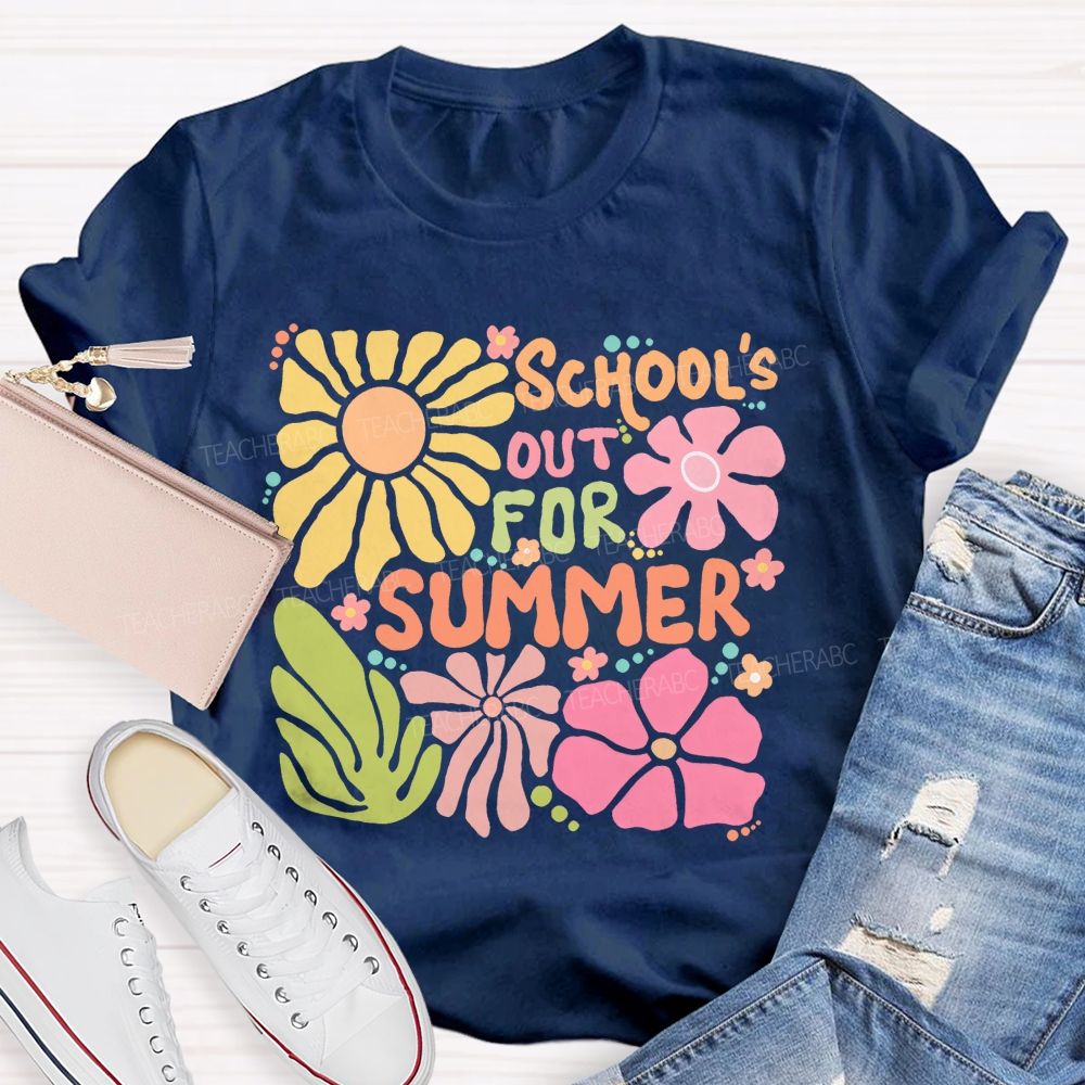 School's Out For Summer Colorful Letters Flowers Patterns  Teacher T-shirt