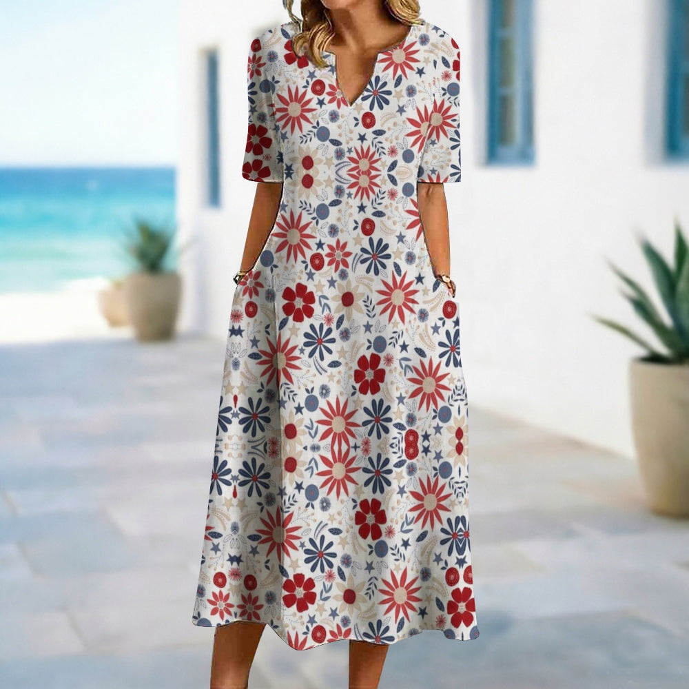 Blue Red Flower Summer Vacation Dress