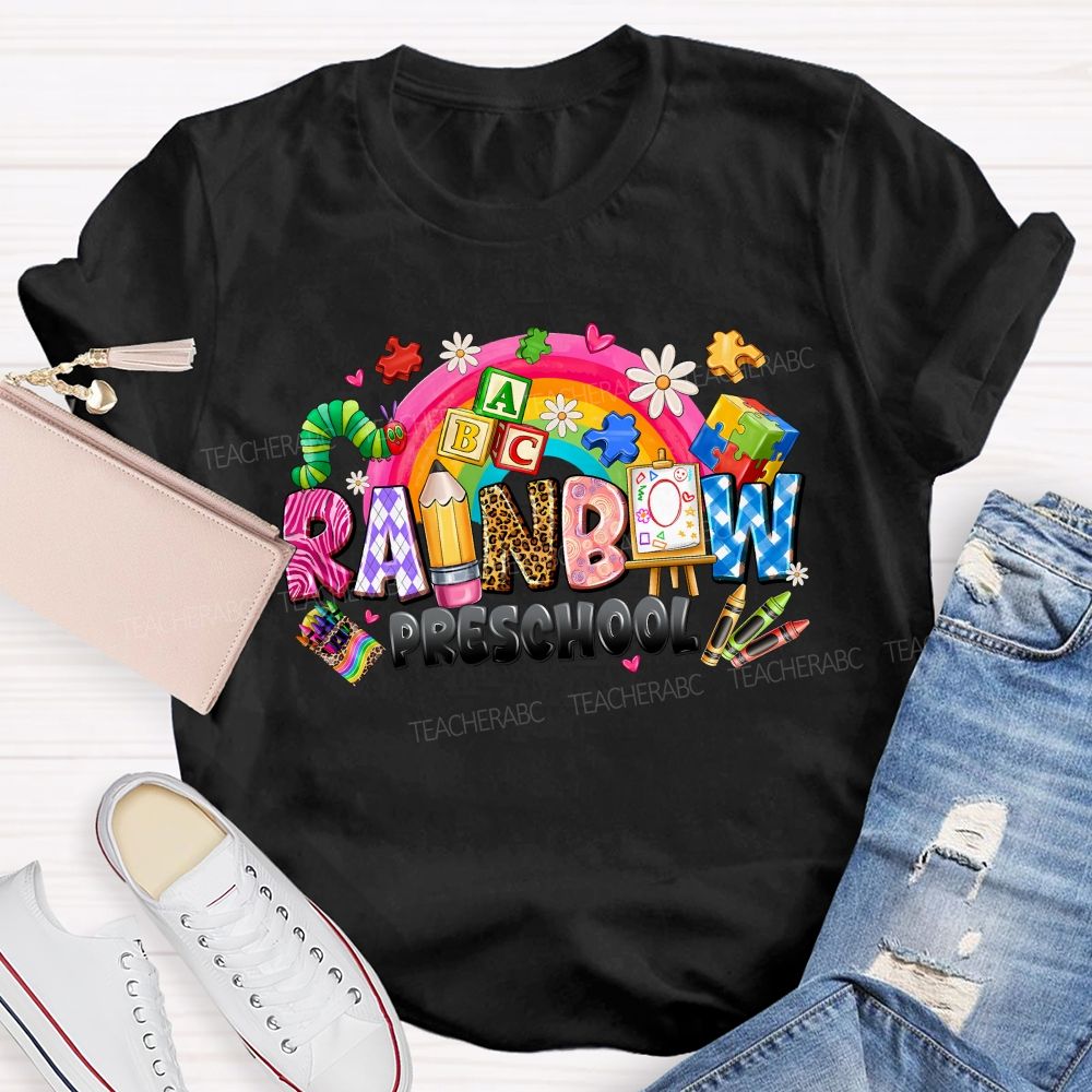 Personalized Grade Rainbow Preschool Teacher T-shirt