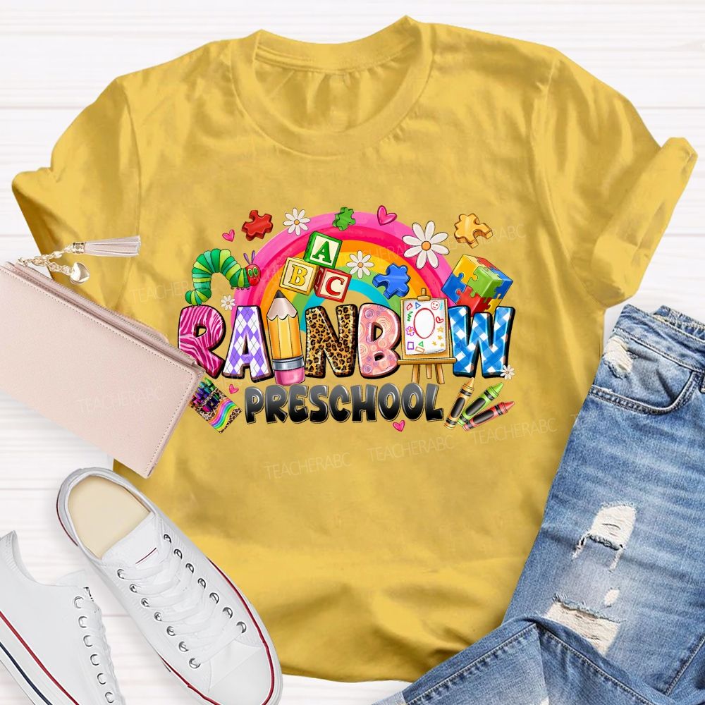 Personalized Grade Rainbow Preschool Teacher T-shirt