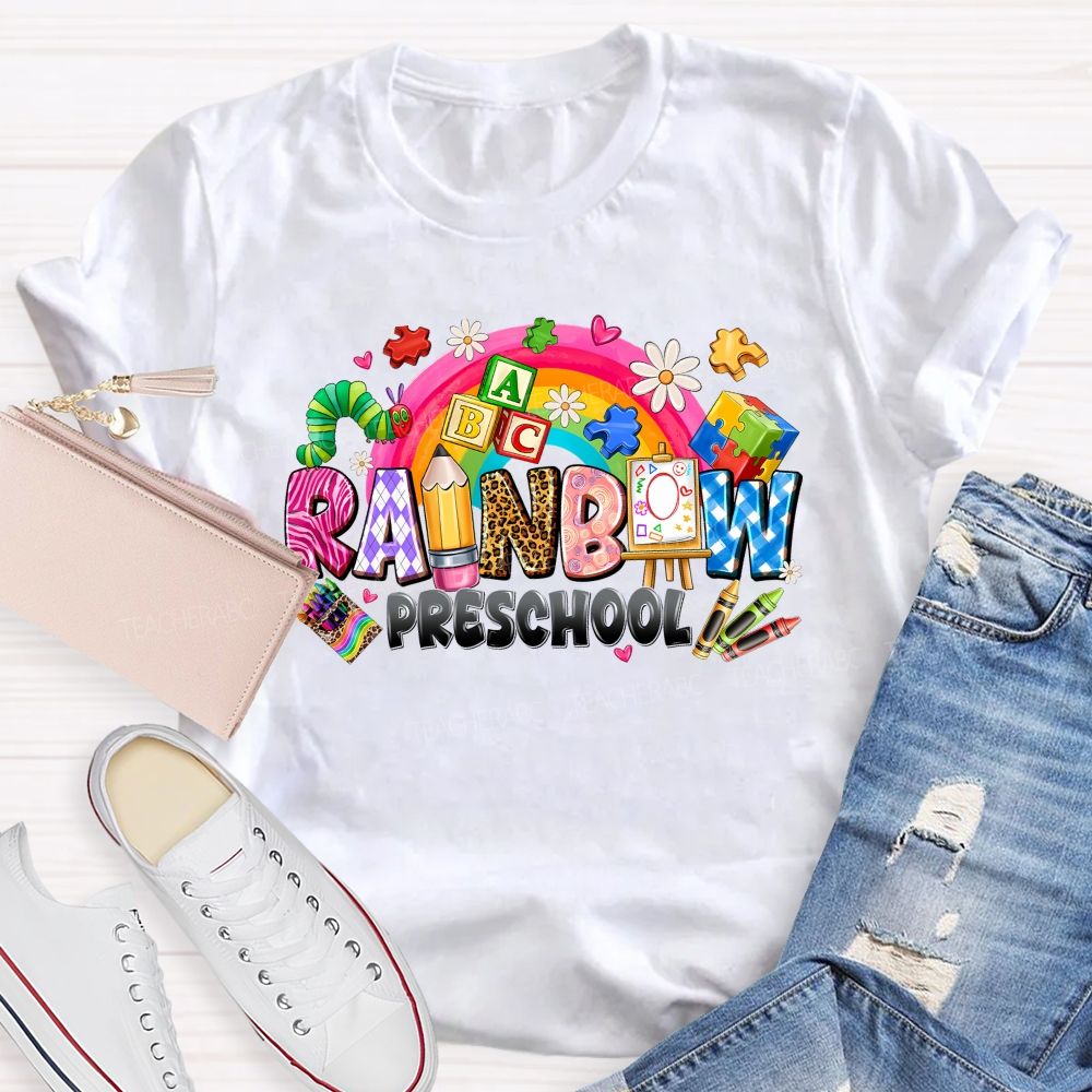 Personalized Grade Rainbow Preschool Teacher T-shirt