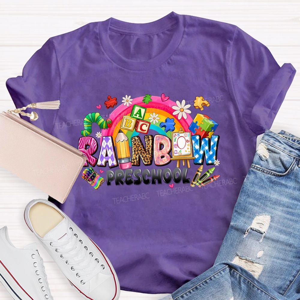 Personalized Grade Rainbow Preschool Teacher T-shirt