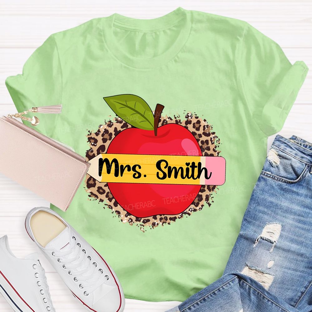 Personalized Name Leopard Print And Apple Teacher T-shirt