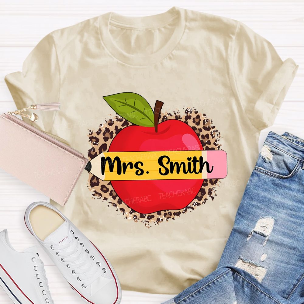 Personalized Name Leopard Print And Apple Teacher T-shirt