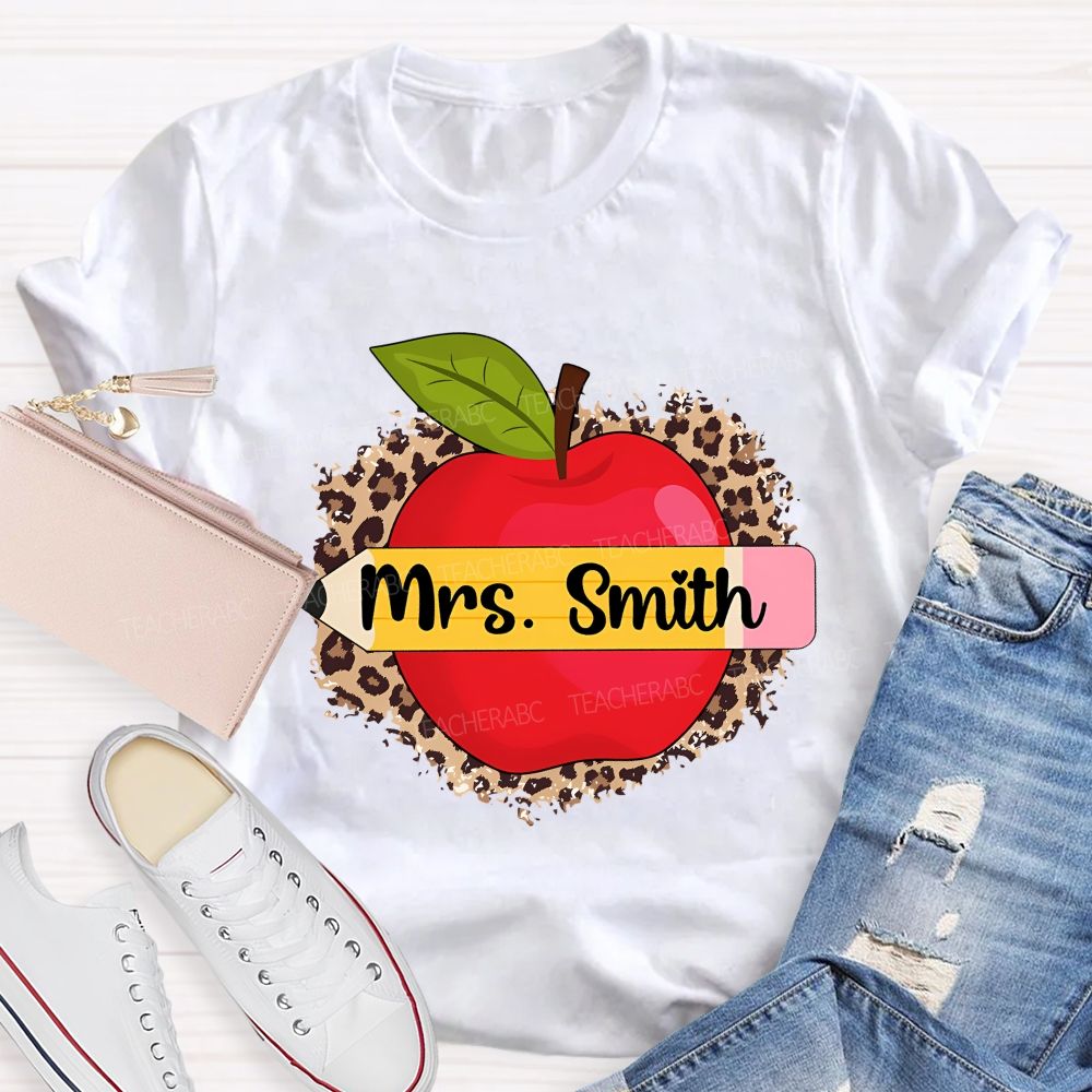 Personalized Name Leopard Print And Apple Teacher T-shirt
