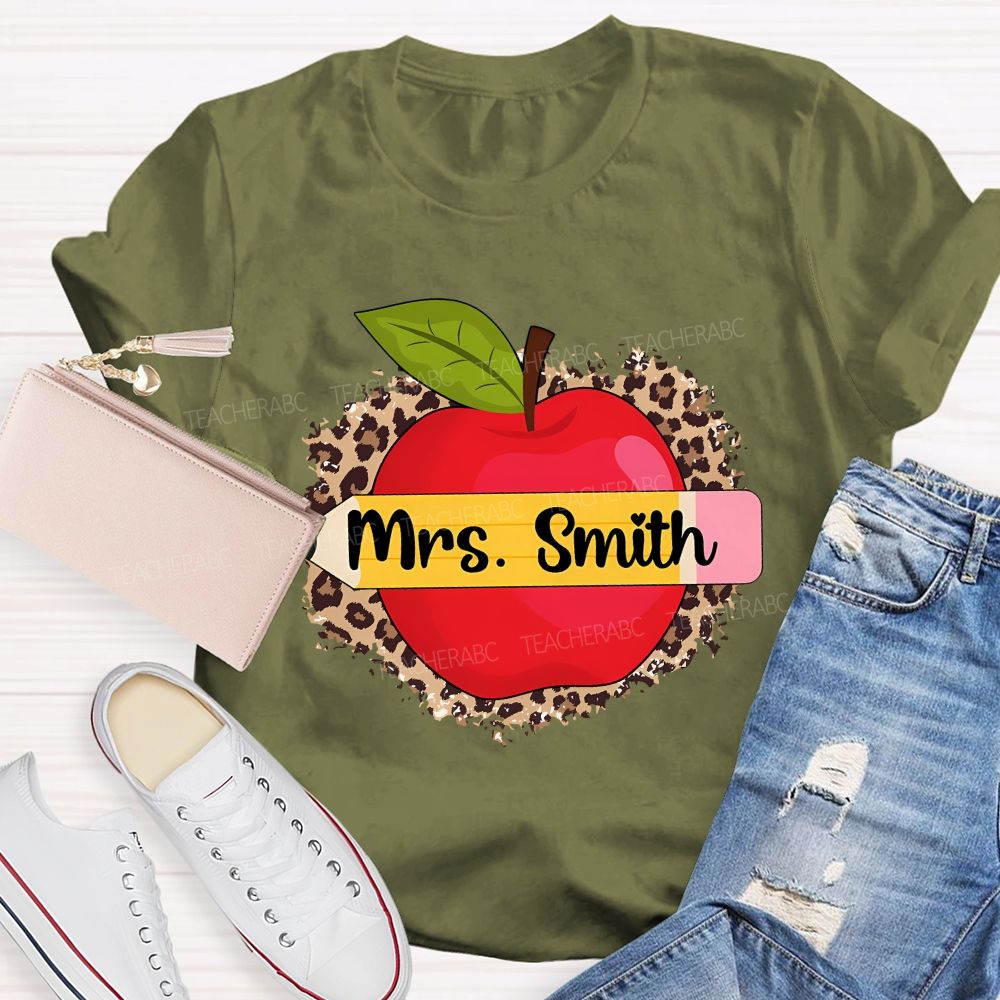 Personalized Name Leopard Print And Apple Teacher T-shirt
