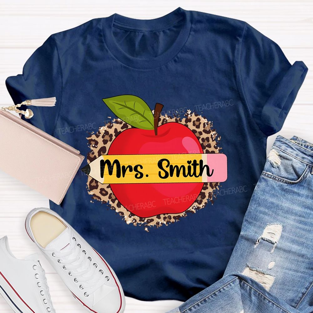 Personalized Name Leopard Print And Apple Teacher T-shirt