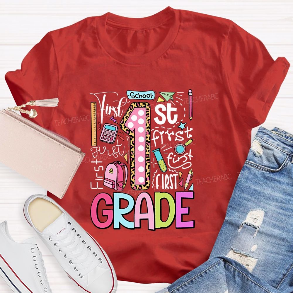 Personalized Grade First Grade Colored Fonts Teacher T-shirt