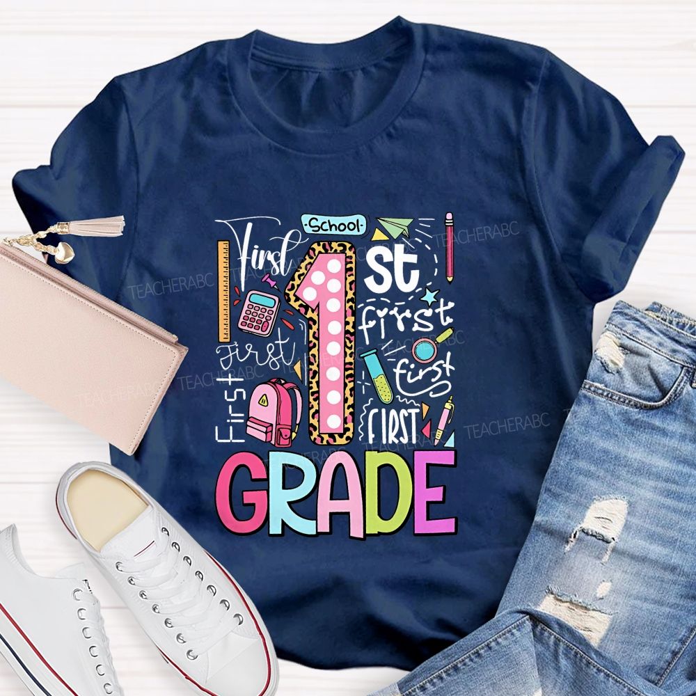 Personalized Grade First Grade Colored Fonts Teacher T-shirt