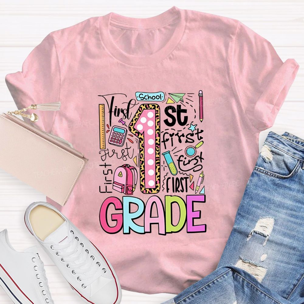 Personalized Grade First Grade Colored Fonts Teacher T-shirt