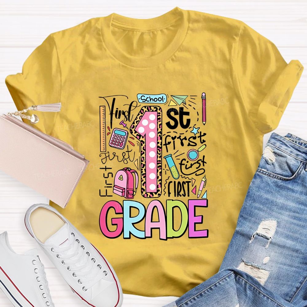 Personalized Grade First Grade Colored Fonts Teacher T-shirt