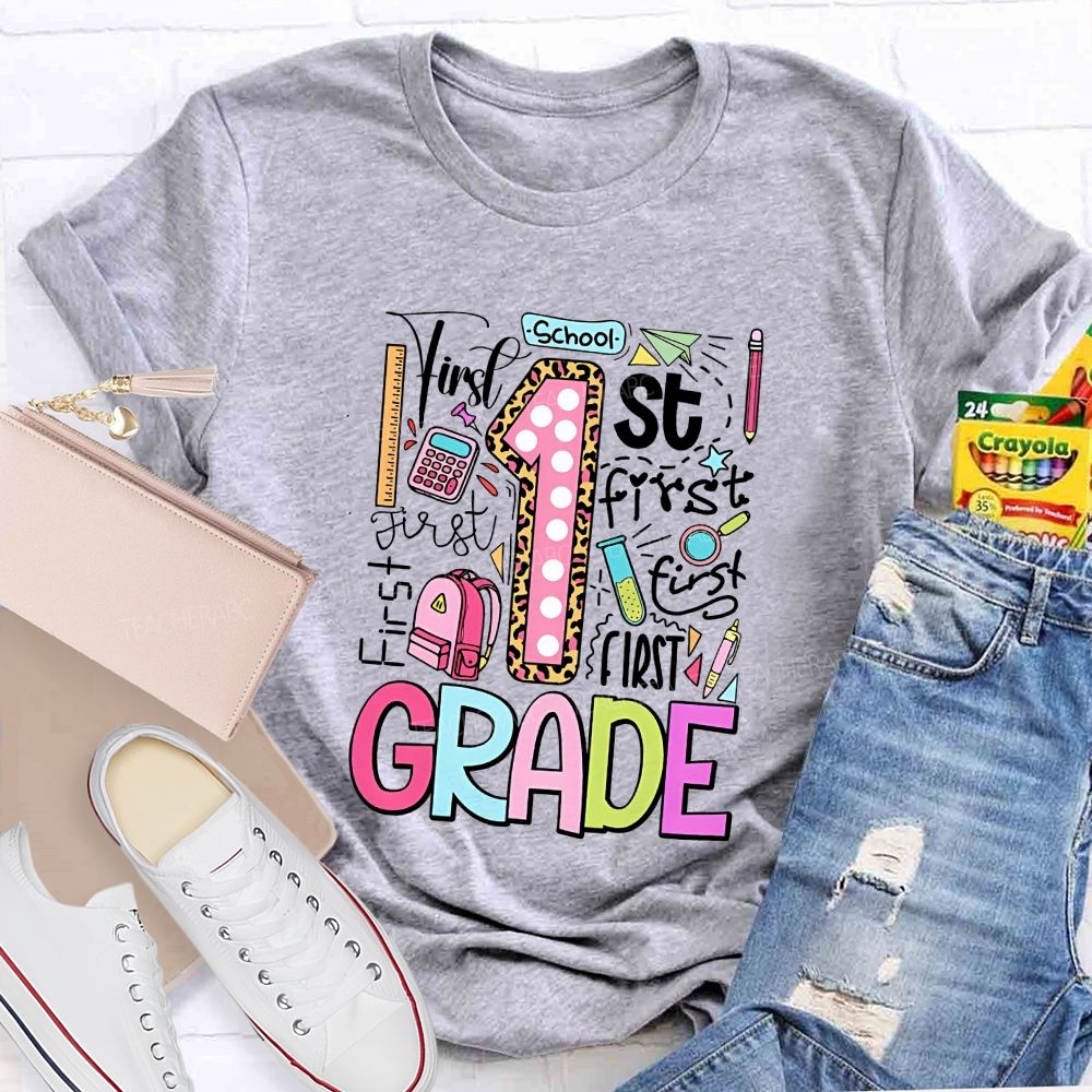 Personalized Grade First Grade Colored Fonts Teacher T-shirt