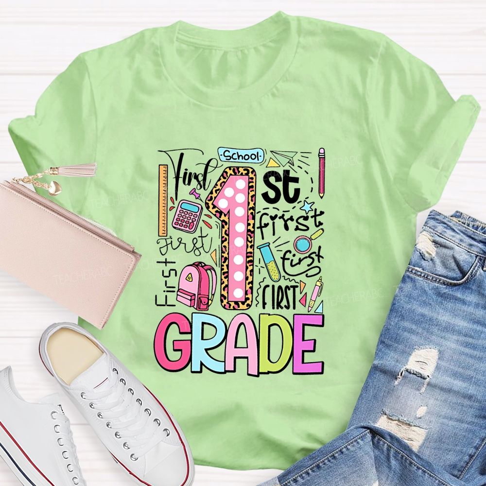 Personalized Grade First Grade Colored Fonts Teacher T-shirt